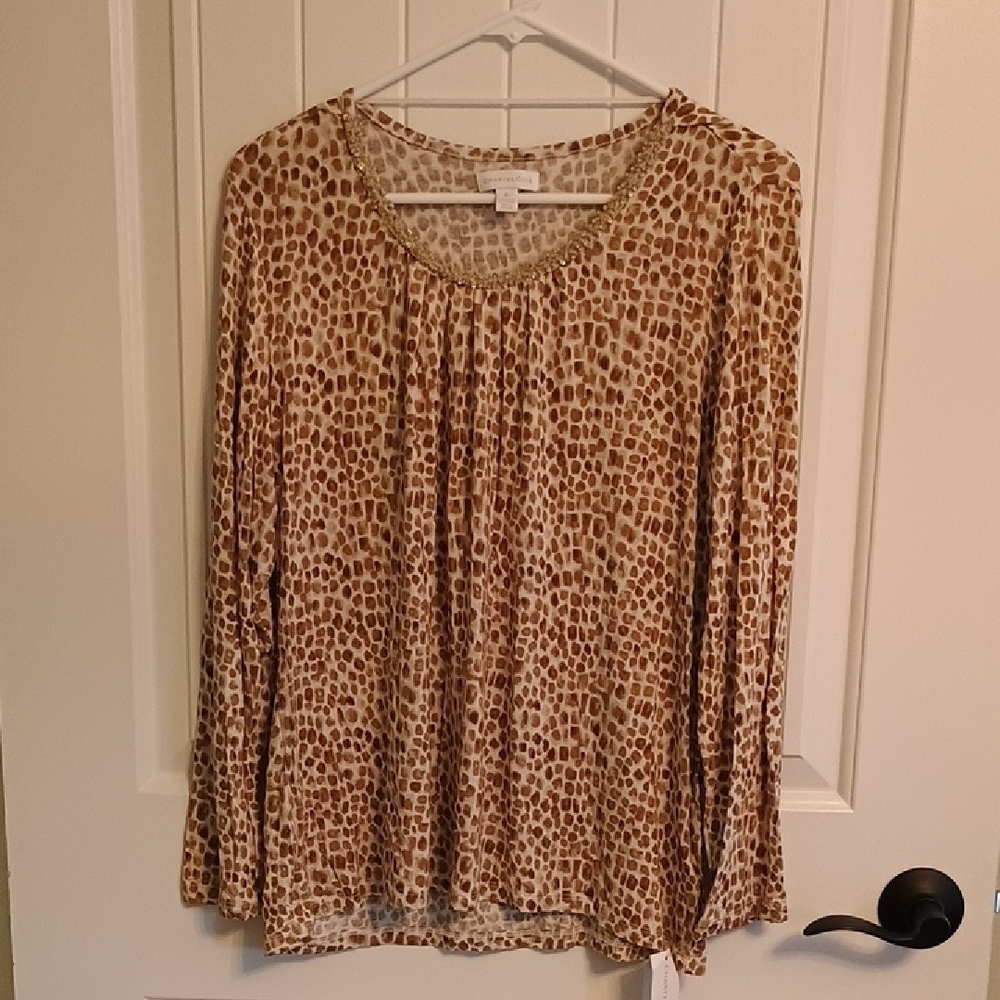 NWT Woman's Charter Club Animal Print Blouse - Brown-Size XL